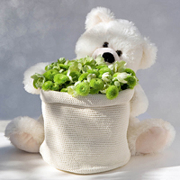 ::Teddy bear with a hug full of seasonal flowers